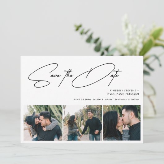 Modern script 3 foto's simpele bruiloft save the date (Staand voorkant)