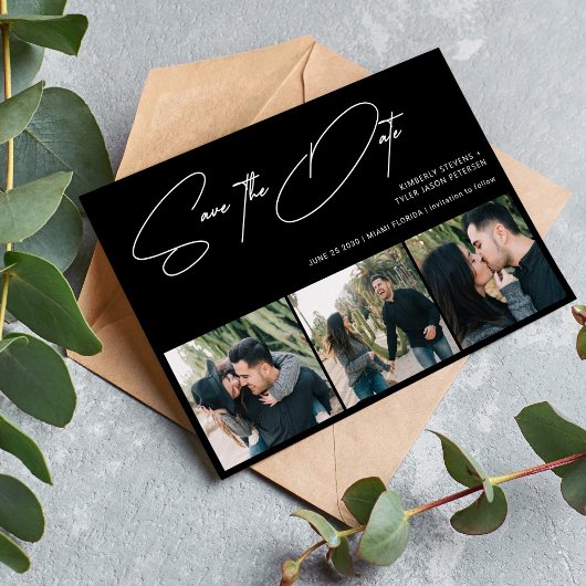 Modern script 3 foto's simpele zwarte bruiloft save the date