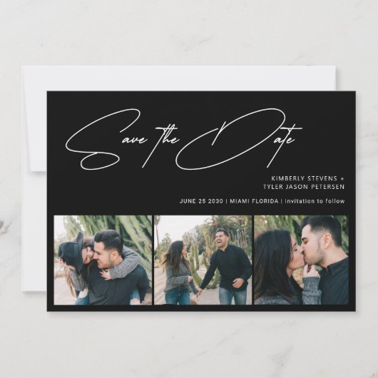 Modern script 3 foto's simpele zwarte bruiloft save the date (Voorkant)
