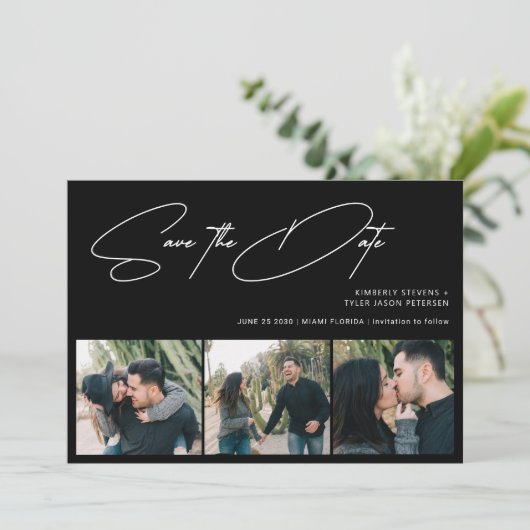 Modern script 3 foto's simpele zwarte bruiloft save the date (Staand voorkant)