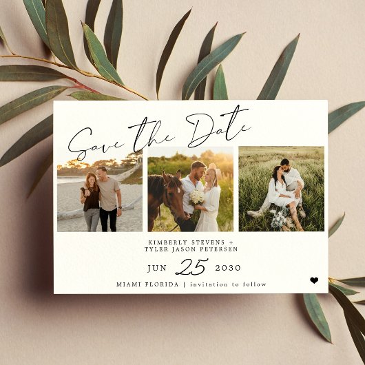 Modern script 3 foto's zwart-wit bruiloft save the date