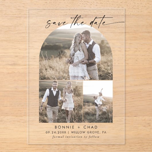 Modern Script 3 Photo Arch Wedding Sla de datum op Acryl Uitnodigingen (Voorkant)