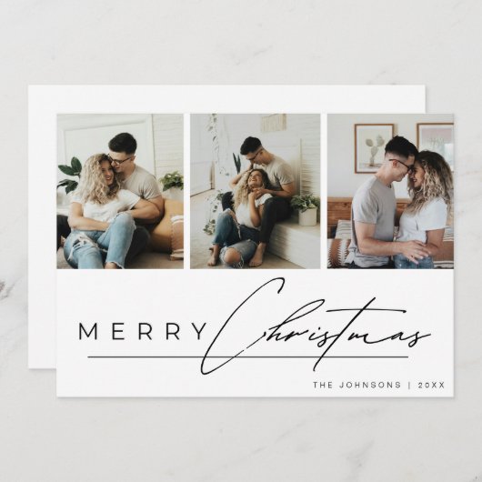 Modern Script 3 Photo Collage Merry Christmas Feestdagenkaart (Voorkant / Achterkant)