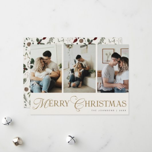 Modern Script 3 Photo Collage Merry Christmas Feestdagenkaart (Voorkant / Achterkant in situ)