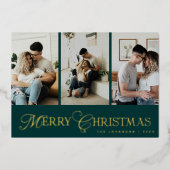 Modern Script 3 Photo Collage Merry Christmas Folie Feestdagenkaart (Voorkant)