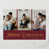 Modern Script 3 Photo Collage Merry Christmas Folie Feestdagenkaart (Voorkant)