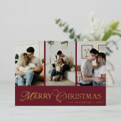 Modern Script 3 Photo Collage Merry Christmas Folie Feestdagenkaart (Staand Voorkant)