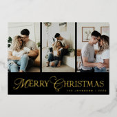 Modern Script 3 Photo Collage Merry Christmas Folie Feestdagenkaart (Voorkant)