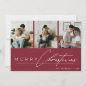 Modern Script 3 Photo Collage Red Merry Christmas Feestdagenkaart (Voorkant)