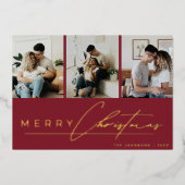 Modern Script 3 Photo Collage Red Merry Christmas Folie Feestdagenkaart (Voorkant)