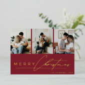 Modern Script 3 Photo Collage Red Merry Christmas Folie Feestdagenkaart (Staand Voorkant)
