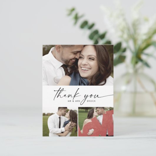 Modern script 3 Photo Collage Wedding  Bedankkaart (Staand voorkant)