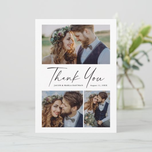 Modern script 3 Photo Wedding Bedankkaart (Staand voorkant)
