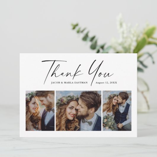 Modern script 3 Photo Wedding Bedankkaart (Staand voorkant)