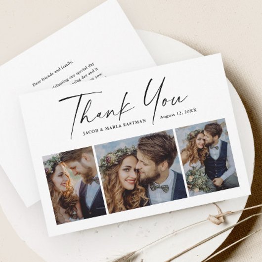 Modern script 3 Photo Wedding Bedankkaart