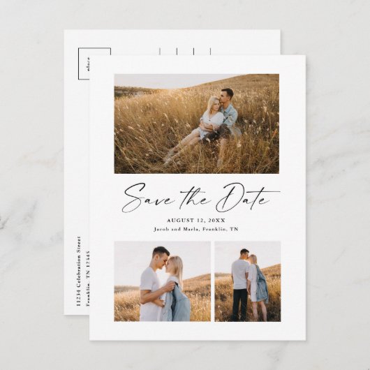 Modern script 3 Photo Wedding Save the Date Aankondigingskaart (Voorkant / Achterkant)