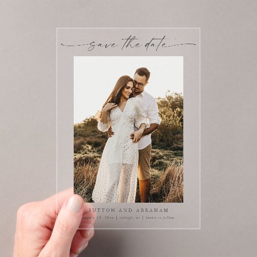 Modern Script 3 Photo Wedding Sla de datum op Acryl Uitnodigingen (Insitu (Draagbaar))