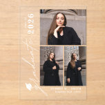 Modern Script 3 Photos Graduation Announcement Acryl Uitnodigingen<br><div class="desc">Celebrate your graduate’s milestone with this Modern Script 3 Photos Graduation Announcement, designed to beautifully showcase seven favorite photos in a clean, modern layout. Featuring elegant flowing script paired with minimalist typography, this personalized announcement highlights special memories while sharing the exciting news with family and friends. Perfect for high school...</div>