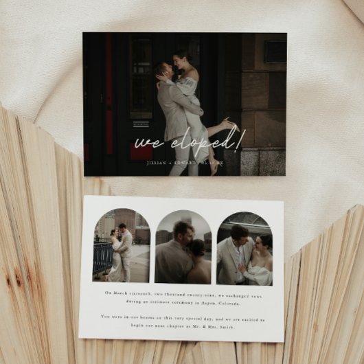 Modern Script 4-foto boog bruiloft 'We Eloped!' Aankondiging