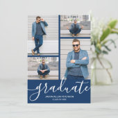 Modern Script 4 Foto Navy Blauw Afstuderen Aankondiging (Staand voorkant)