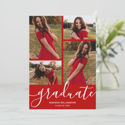 Modern Script 4 Foto Rode Afstuderen Aankondiging (Staand voorkant)
