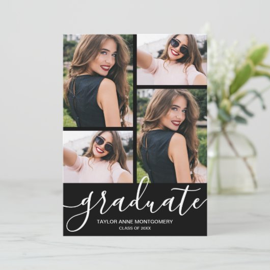 Modern Script 4 Foto Zwart Afstuderen Aankondiging (Staand voorkant)