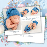 Modern Script 4 Fotocollage Baby Boy Dank je Bedankkaart<br><div class="desc">Modern Elegant Kalligrafie Script 4 Fotocollage Baby Boy Dank je Kaart. Beschikt over een prachtige handgeschreven kalligrafie dank u swash tail font script en uw persoonlijke boodschap. Geweldig voor baby jongen of baby meisje. Gemakkelijk te personaliseren met uw baby foto's en gegevens.</div>