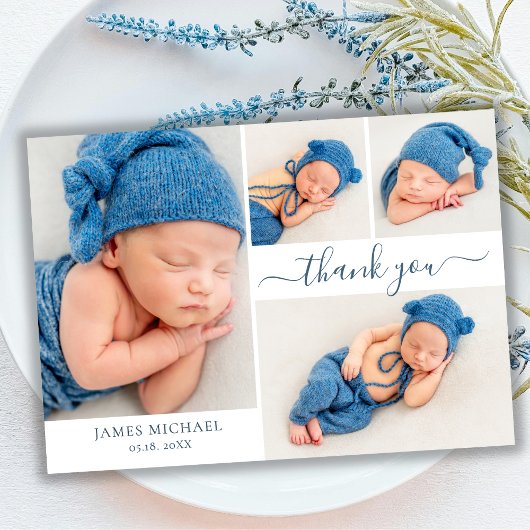 Modern Script 4 Fotocollage Baby Boy Dank je Bedankkaart