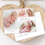 Modern Script 4 Fotocollage Baby Dank u Briefkaart<br><div class="desc">Modern Elegant Kalligrafie Script 4 Fotocollage Baby Girl Dank u Briefkaart. Beschikt over een prachtige handgeschreven kalligrafie dank u swash tail font script en uw persoonlijke boodschap. Gemakkelijk te personaliseren met uw baby foto's en gegevens.</div>