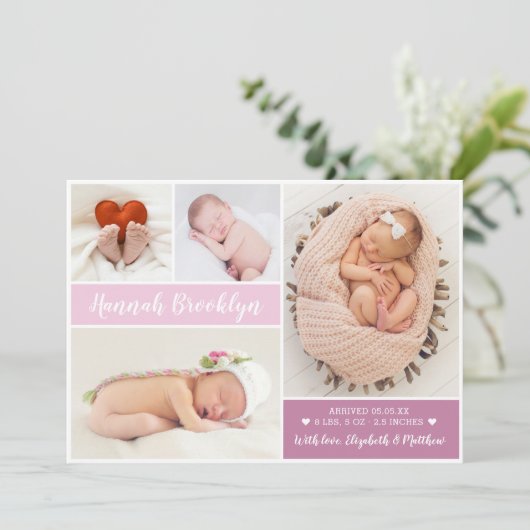 Modern script 4 Fotocollage geboorte Aankondiging (Staand voorkant)