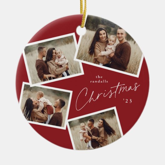Modern Script 4 Fotocollage Rode Kerstmis Keramisch Ornament (Voorkant)