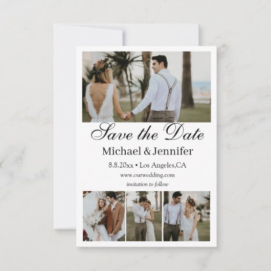 Modern script 4 foto's collage boho de datum opsla kaart (Voorkant)
