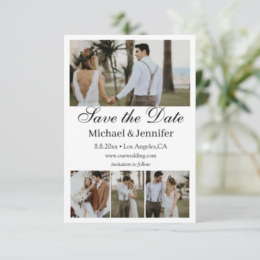 Modern script 4 foto's collage boho de datum opsla kaart (Staand voorkant)