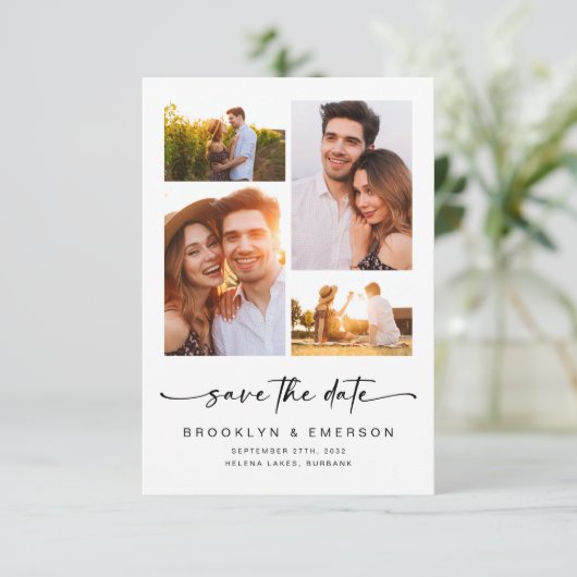 Modern Script | 4 Foto's Trouwen Save The Date (Staand voorkant)