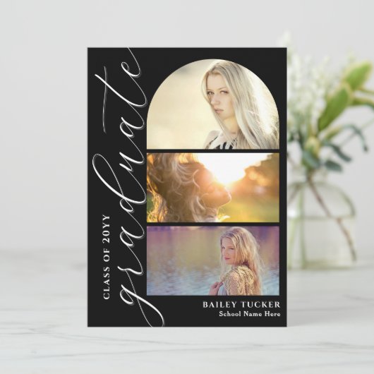 Modern Script 4-Photo Arch Afstuderen Aankondiging (Staand voorkant)