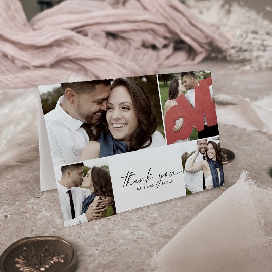 Modern script 4 Photo Collage Folded Wedding Bedankkaart