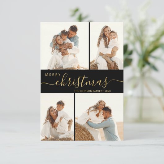 Modern script 4 Photo Collage-kerstkaart Kaart (Staand voorkant)