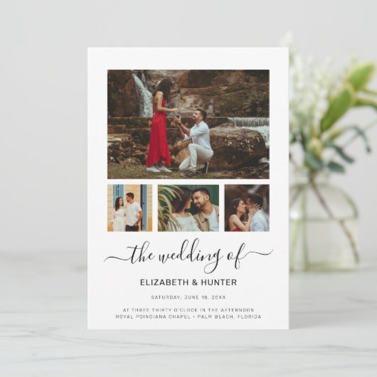 Modern script 4 Photo Collage QR Code RSVP Weddens Kaart (Staand voorkant)