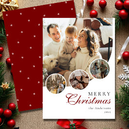 Modern Script 4 Photo Collage Red Merry Christmas Feestdagenkaart