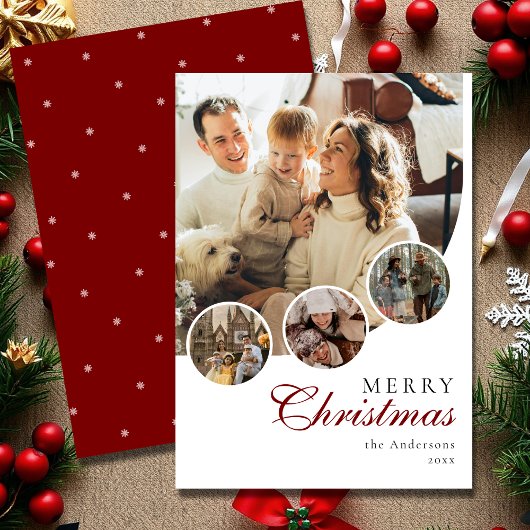 Modern Script 4 Photo Collage Red Merry Christmas Feestdagenkaart
