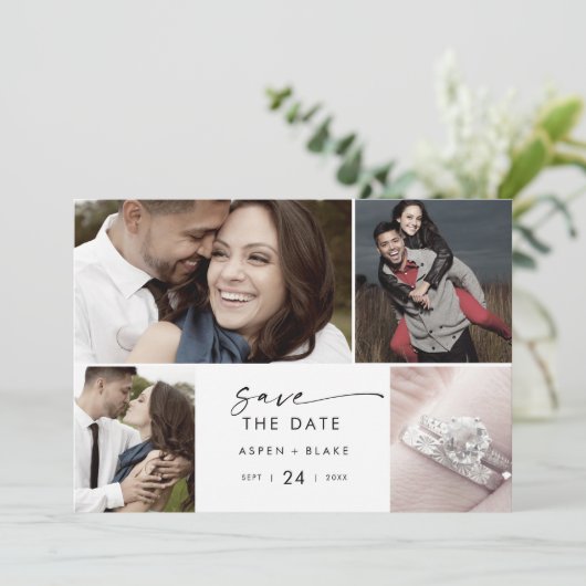 Modern script 4 Photo Collage Save The Date (Staand voorkant)