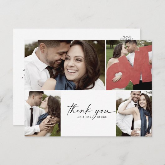 Modern script 4 Photo Collage Wedding Hartelijk da Briefkaart (Voorkant / Achterkant)