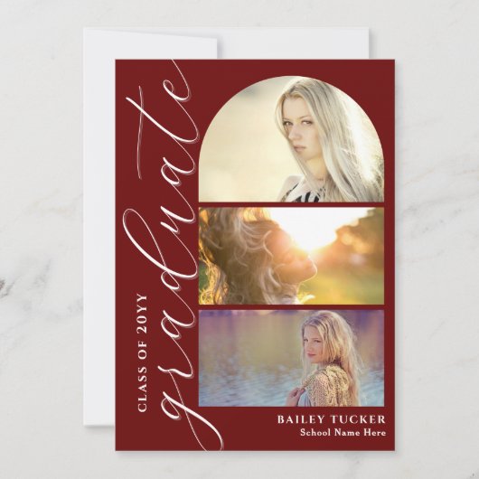 Modern Script 4-Photo Dark Red Arch Afstuderen Bedankkaart (Voorkant)