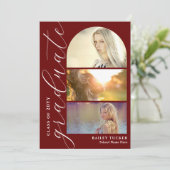 Modern Script 4-Photo Dark Red Arch Afstuderen Bedankkaart (Staand voorkant)