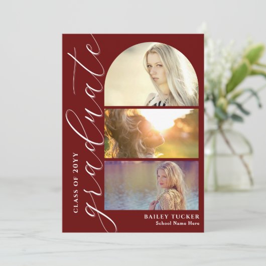 Modern Script 4-Photo Dark Red Arch Afstuderen Bedankkaart (Staand voorkant)