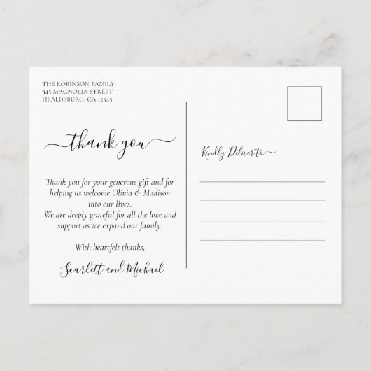 Modern Script 4 Photo Girl Twins Baby Dank u Briefkaart (Achterkant)