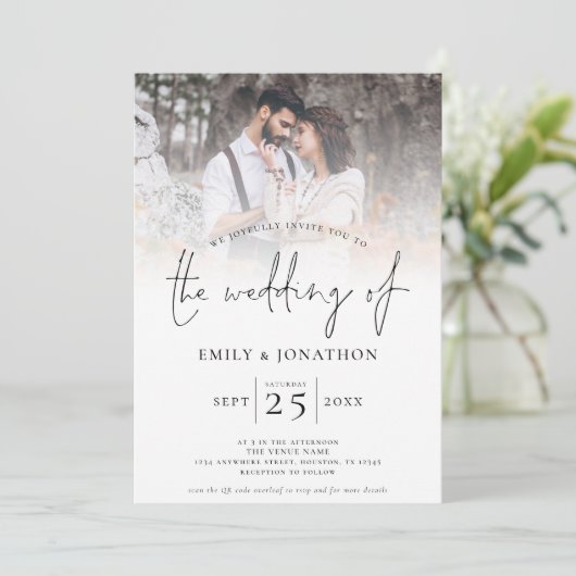 Modern Script 4 Photo Grid QR Code Wedding Kaart (Staand voorkant)