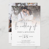 Modern Script 4 Photo Grid QR Code Wedding Kaart (Voorkant / Achterkant)