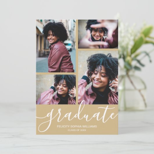 Modern Script 4 Photo Light Gold Afstuderen Aankondiging (Staand voorkant)