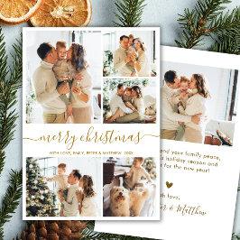 Modern Script 5 Photo Collage Gold White Christmas Feestdagenkaart